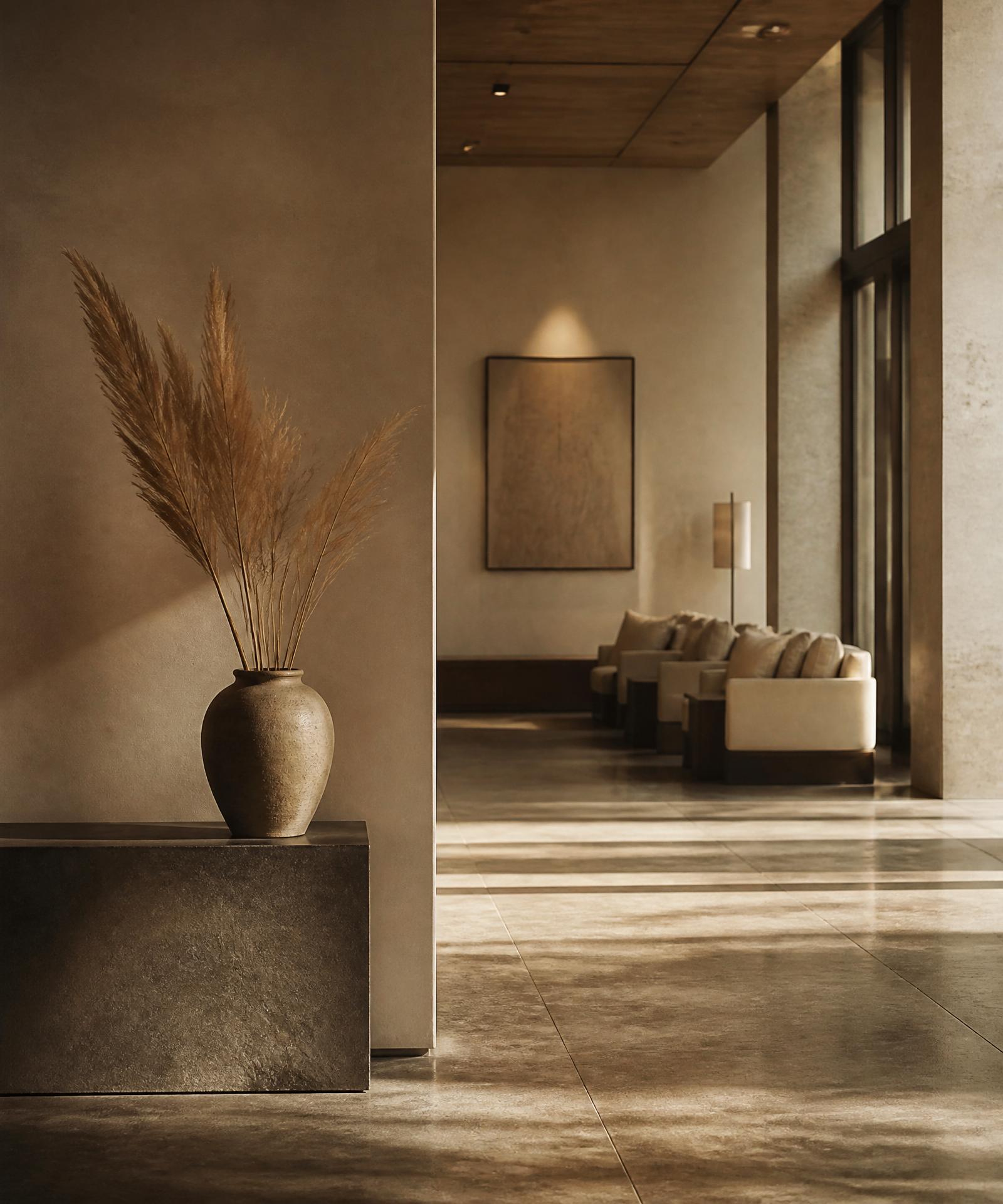 A quiet hotel lobby bathed in warm afternoon light